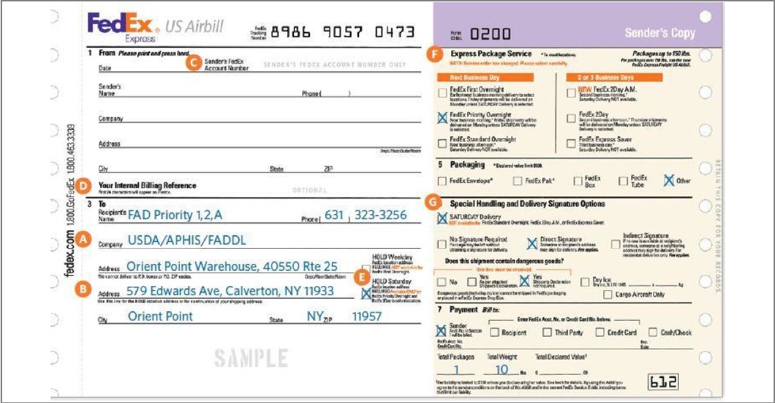 Sample FedEx Airbill 

This image provides a sample FedEx Airbill that is filled out for an Exempt Animal Specimen